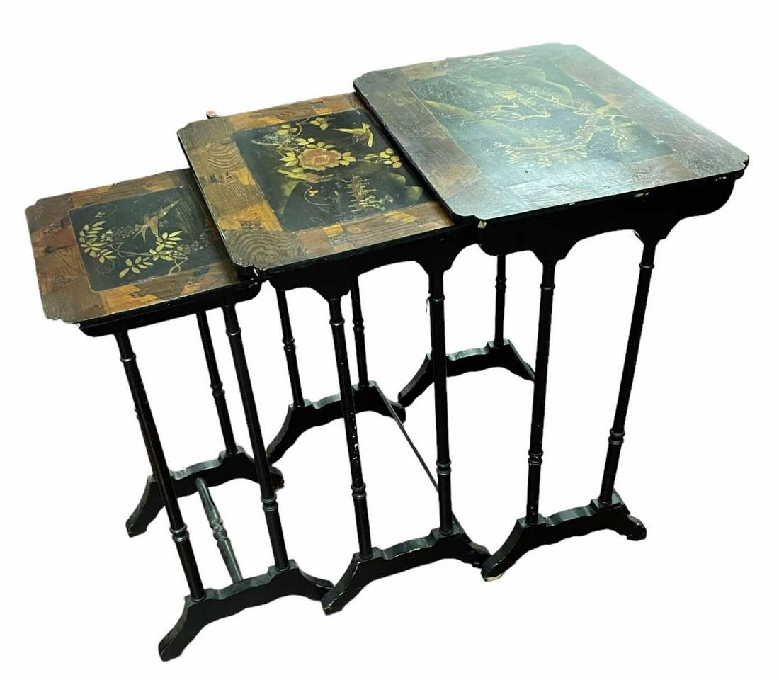 19th CENTURY ENGLISH JAPANESE TASTE NEST OF TABLES: 19th CENTURY ENGLISH JAPANESE TASTE THREE PIECE NEST OF TABLES. Height: 28 in. by Width: 22 in. by Depth: 15.75 in.
