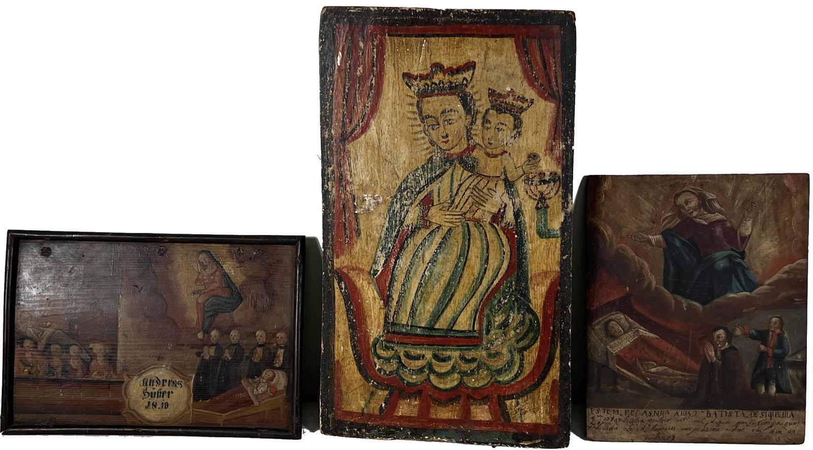 THREE ANTIQUE MEXICAN ICON & RETABLOS ON WOOD: THREE ANTIQUE MEXICAN ICON & RETABLOS ON WOOD. Tall 19"h x 11.5"w x .5"d. Portrait 12"t x 10"w x 3/8"d. Landscape 9 1/4"h x 13.5"w x 7/8"d.