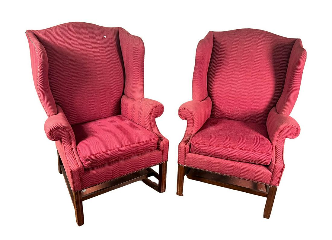 PAIR OF RED WINGBACK CHAIRS: PAIR OF RED WINGBACK CHAIRS. Height: 45 in. by Width: 29 in. by Depth: 31 in.