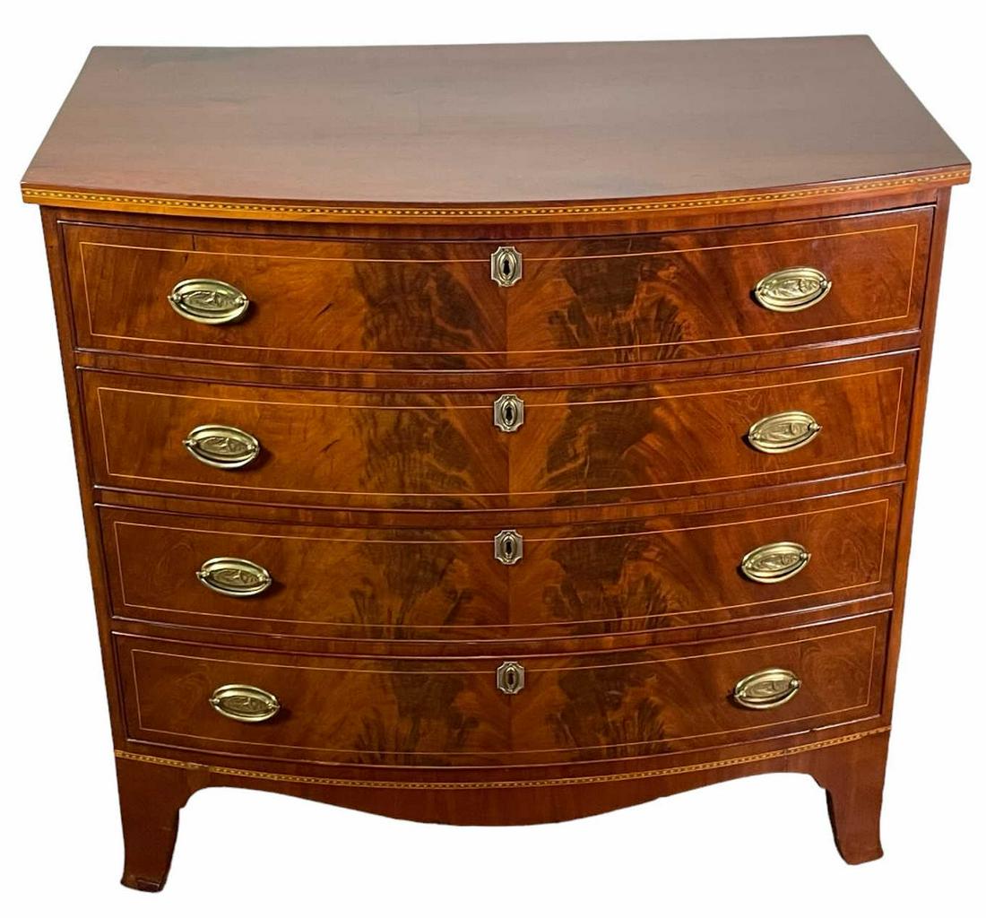 19th C. GEORGE III FLAME MAHOGANY BOWFRONT CHEST: AMERICAN 19th CENTURY GEORGE III FLAME MAHOGANY BOWFRONT CHEST. Height: 38.25 in. by Width: 40 in. by Depth: 23.25 in.