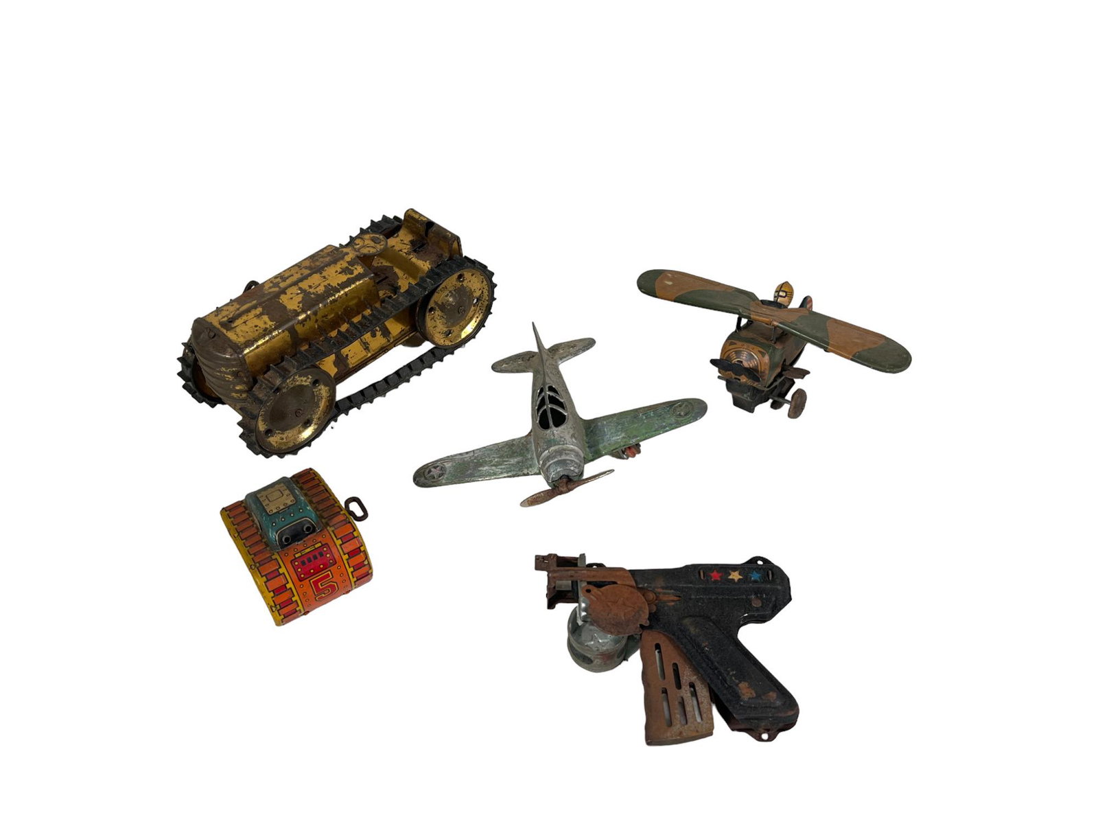 LOT OF 5 VINTAGE METAL TOYS: LOT OF 5 VINTAGE METAL TOYS HUBLEY ARMY PLANE MAR TOY PLANE MARX TIN WID UP TANK MAR WIND UP TRACTOR SUPER DEFENSE TOY CAP PISTOL Height: 5 in. by Width: 10 in. by Depth: 6