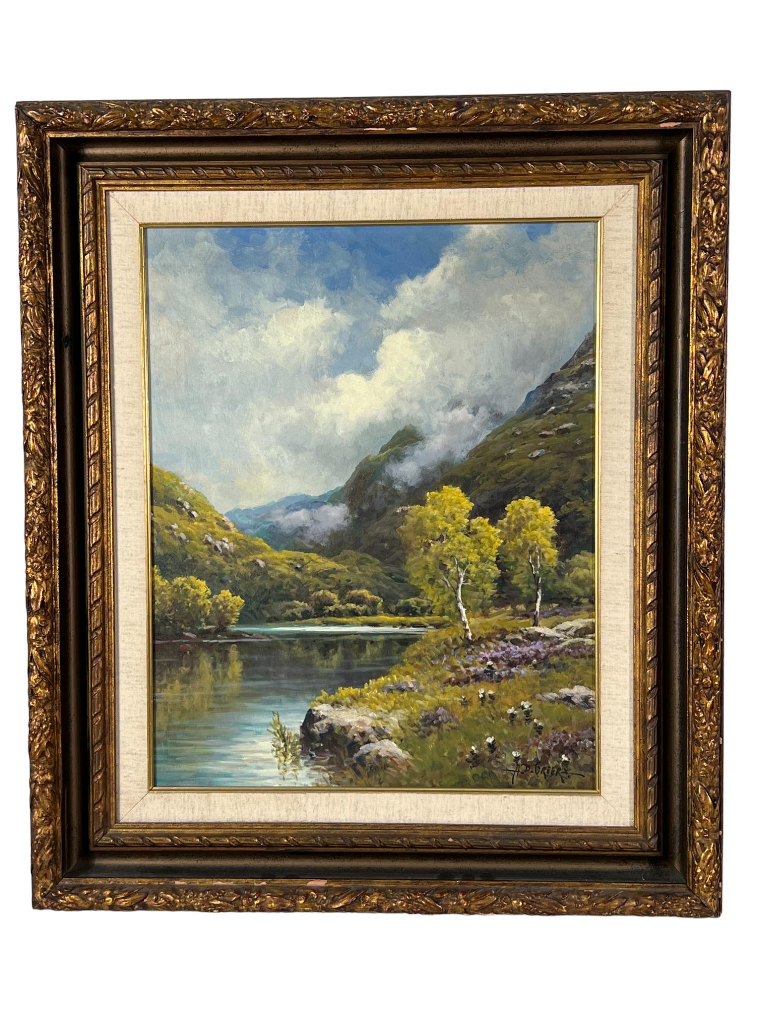 SIGNED OIL ON CANVAS LANDSCAPE BY A D GREER: SIGNED OIL ON CANVAS LANDSCAPE BY A D GREER Height: 28 in. by Width: 24 in. by Depth: 2