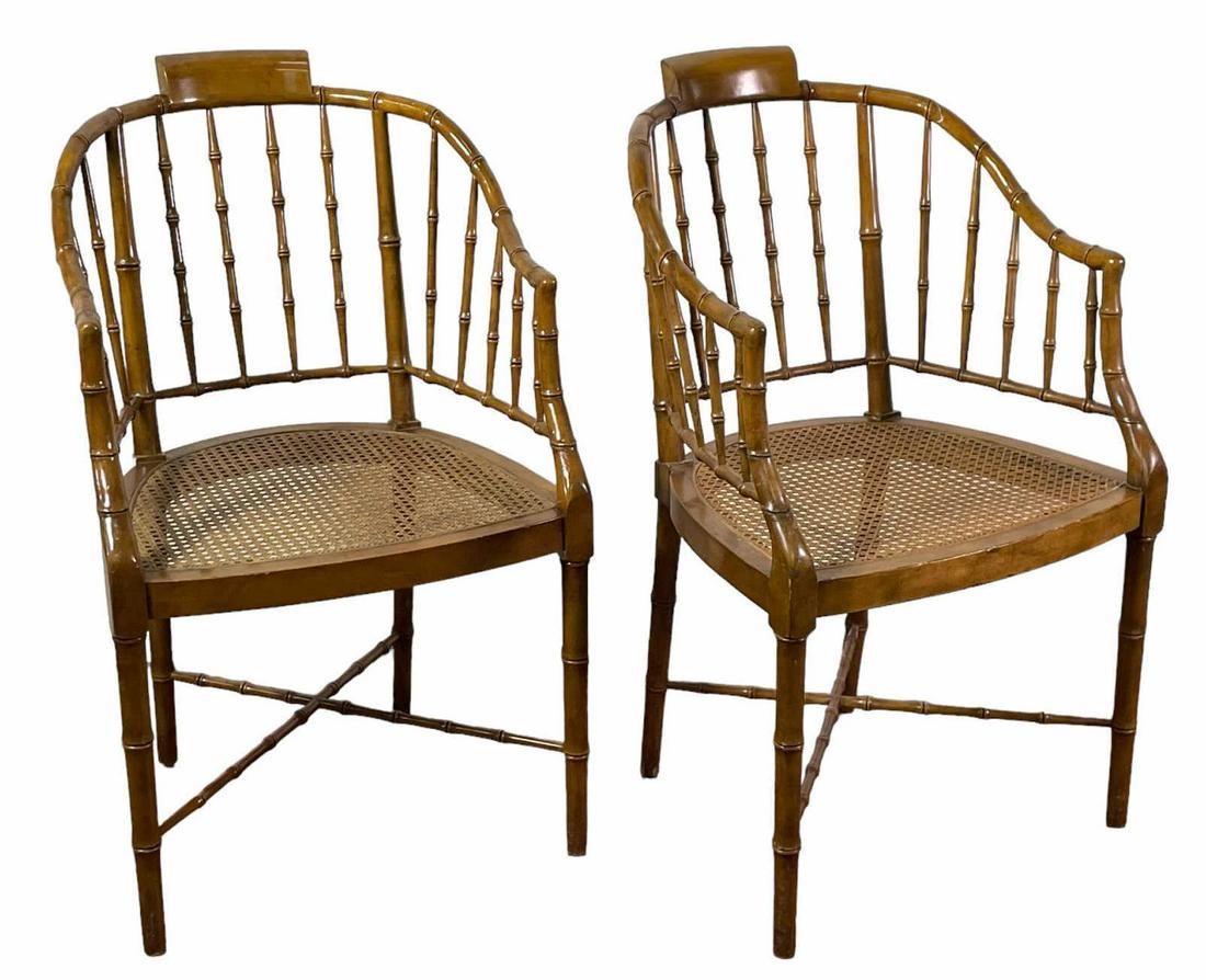 PAIR OF WINDSOR STYLE FAUX BAMBOO & RATTAN CHAIRS: PAIR OF WINDSOR STYLE FAUX BAMBOO & RATTAN ARMCHAIRS. Height: 35.5 in. by Width: 21 in. by Depth: 16