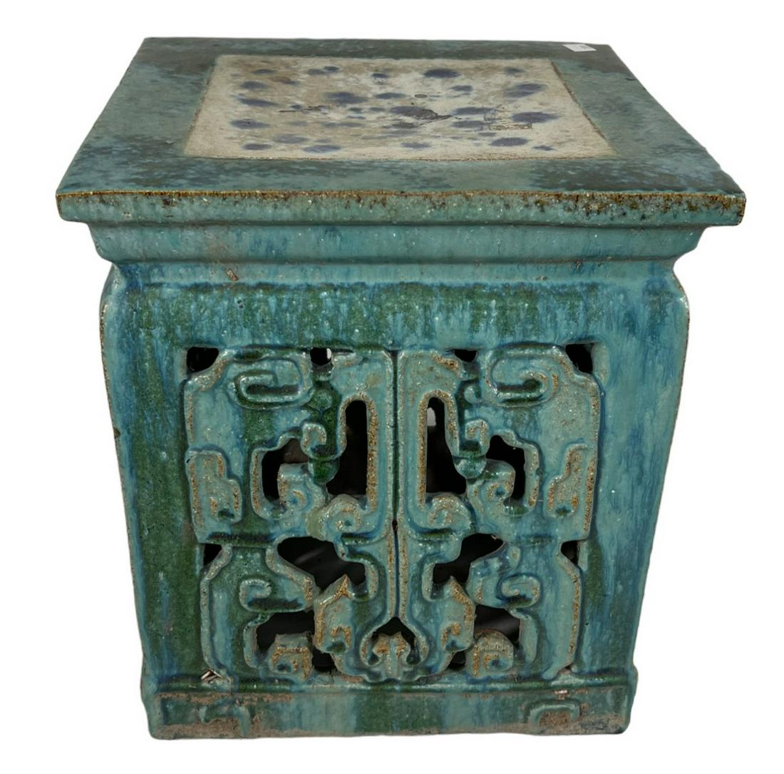 CHINESE CERAMIC STOOL OR PLANT STAND: CHINESE CERAMIC STOOL OR PLANT STAND Height: 13.75 in. by Width: 12.5 in. by Depth: 12.5 in.