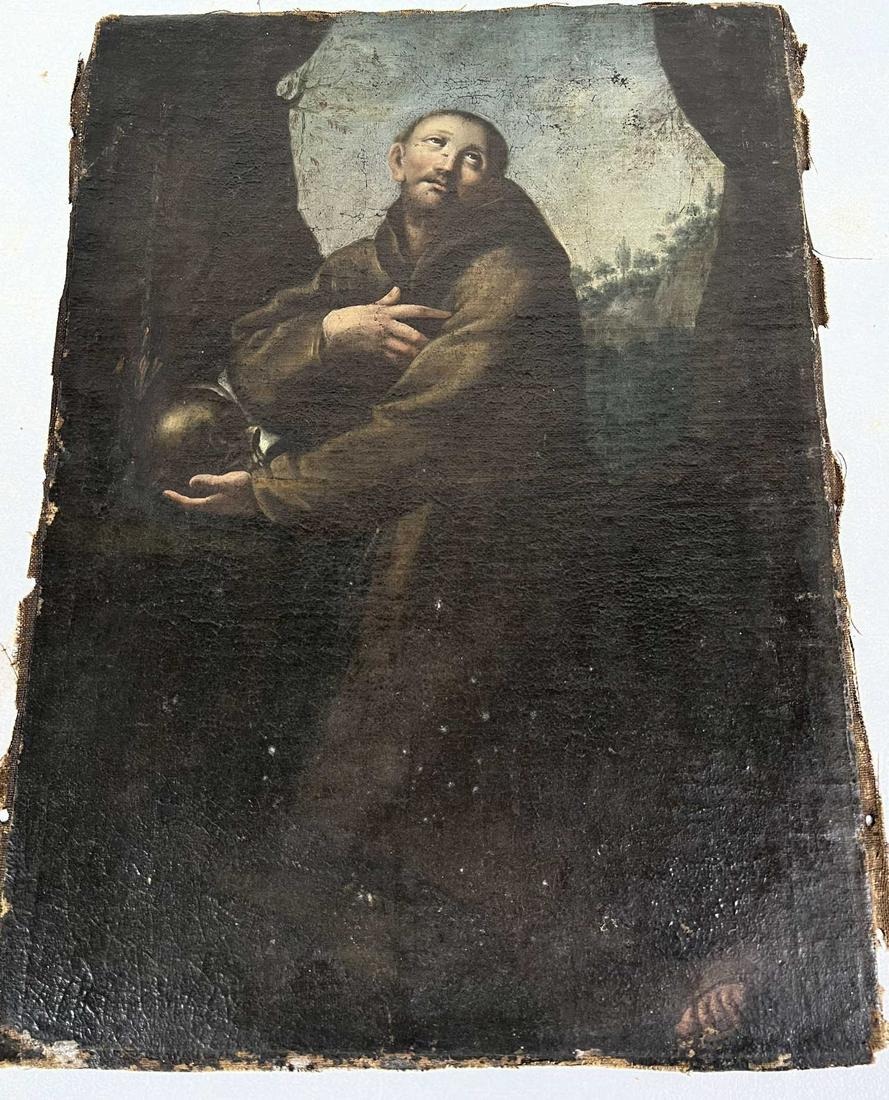 BENEDICTINE MONK HOLDING SKULL OIL ON CANVAS PAINTING: BENEDICTINE MONK HOLDING SKULL OIL ON CANVAS PAINTING. Height: 22 in. by Width: 16 in. From the estate of Doc C (Gilbert Cuthbertson)