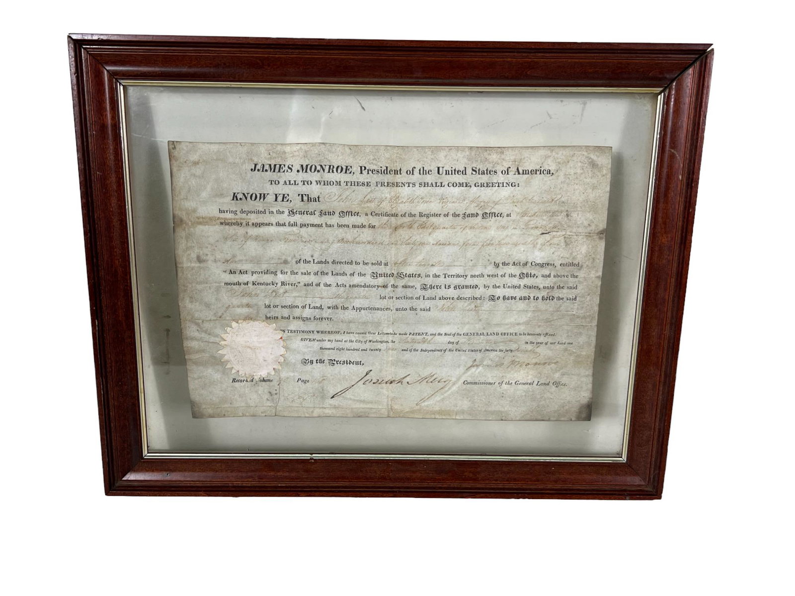 JAMES MONROE COMMISSIONER OF THE LAND OFFICE: JAMES MONROE COMMISSIONER OF THE LAND OFFICE Height: 14.5 in. by Width: 18.25