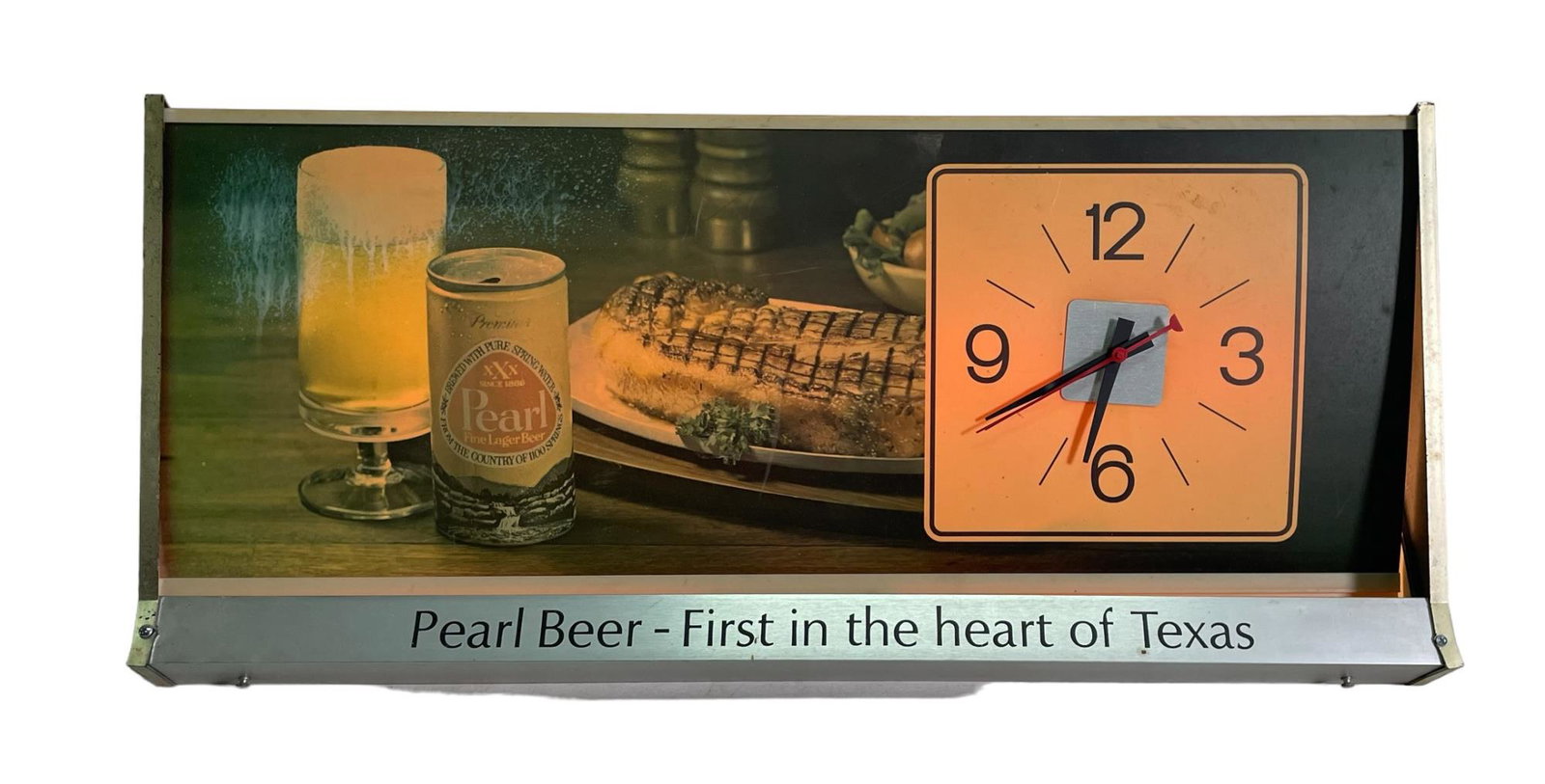 PEARL BEER LIGHTED SIGN WITH CLOCK: PEARL BEER LIGHTED SIGN WITH CLOCK IN WORKING ORDER Height: 17 in. by Width: 37 in. by Depth: 6