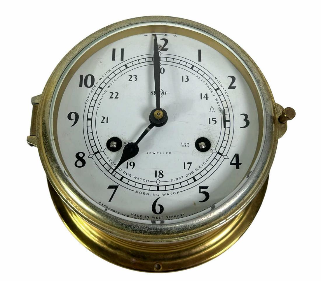 GERMAN NAUTICAL CLOCK BY SWIFT: GERMAN NAUTICAL CLOCK BY SWIFT Height: 7.25 in. by Width: 7.25 in. by Depth: 4