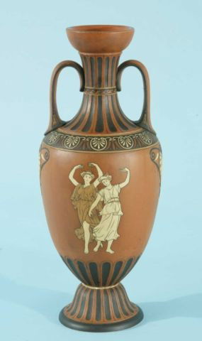 METTLACH TERRACOTTA AMPHORA SHAPED URN, CIRCA 1850: ANTIQUE METTLACH TERRACOTTA AMPHORA SHAPED GRECIAN URN. CIRCA 1850. HAMILTON PRINTS ON EACH SIDE. PROVENANCE: PRIVATE COLLECTION, HOUSTON, TX 1966-2006; PURCHASED FROM PARKER EDWARDS, HOUSTON, TX 1966