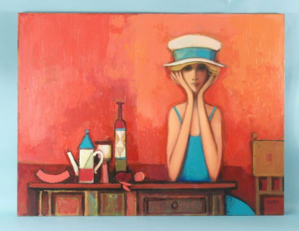 DAVID ADICKES "MADEMOISELLE EN BLEU" PAINTING: DAVID ADICKES "MADEMOISELLE EN BLEU" MIXED MEDIA PAINTING. Height: 33 1/2 in. by Width: 44 in. by Depth: 1 in.