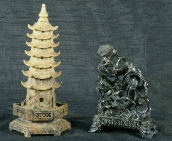 CARVED SOAPSTONE TEMPLE AND A DRAGON FIGURE: CARVED SOAPSTONE TEMPLE AND A DRAGON FIGURE. Height: 9 1/2 and 6 1/2 in. by Width: 4 1/2 and 4 3/4 in. by Depth: 4 1/2 and 2 1/4 in.