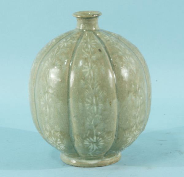 ANTIQUE KOREAN CELADON MELON VASE: ANTIQUE KOREAN CELADON MELON VASE. 9" H x 6.5" Dia.