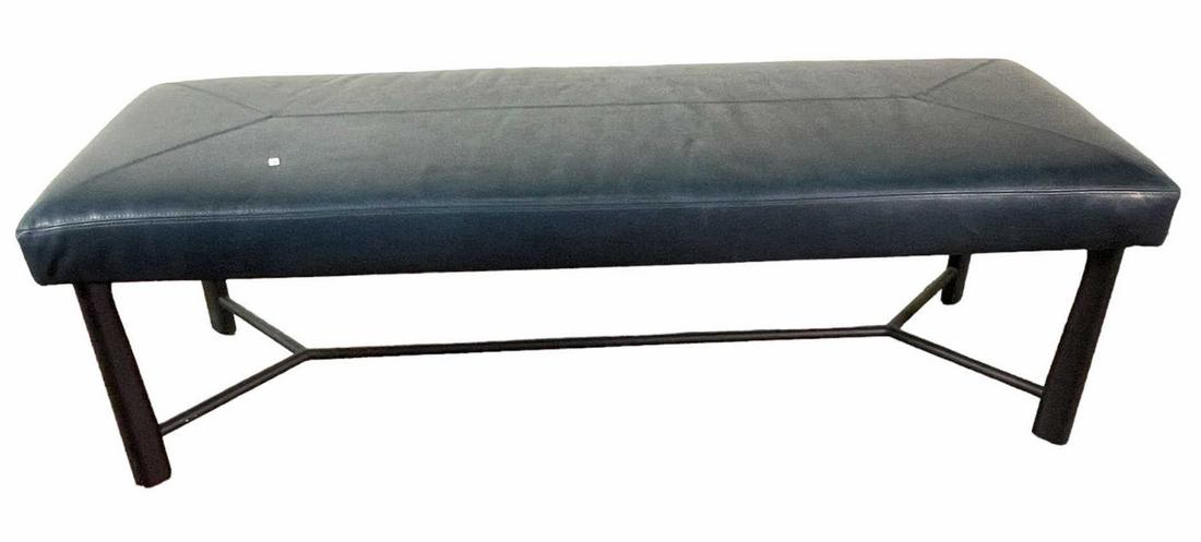 BLUE LEATHER  BENCH ON WOODEN BASE (1 of 3)
