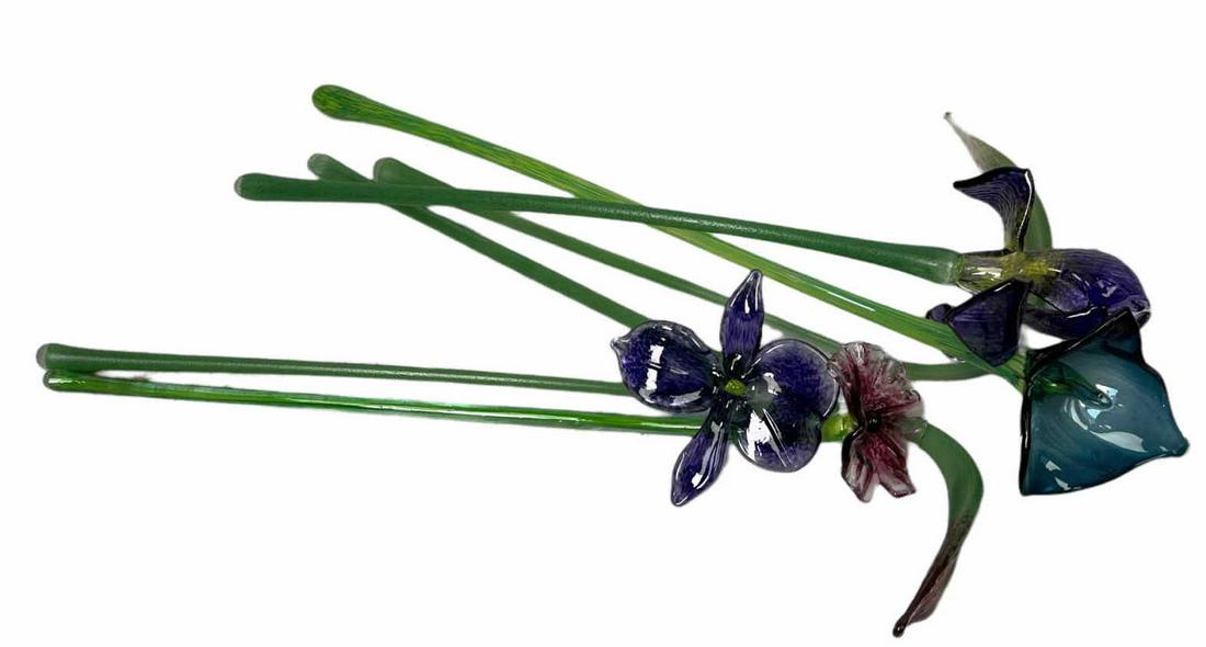 SIX BLOWN GLASS FLOWERS: SIX BLOWN GLASS FLOWERS. Height: 19.5 in. by Width: 5 in. by Depth: 5 IN.