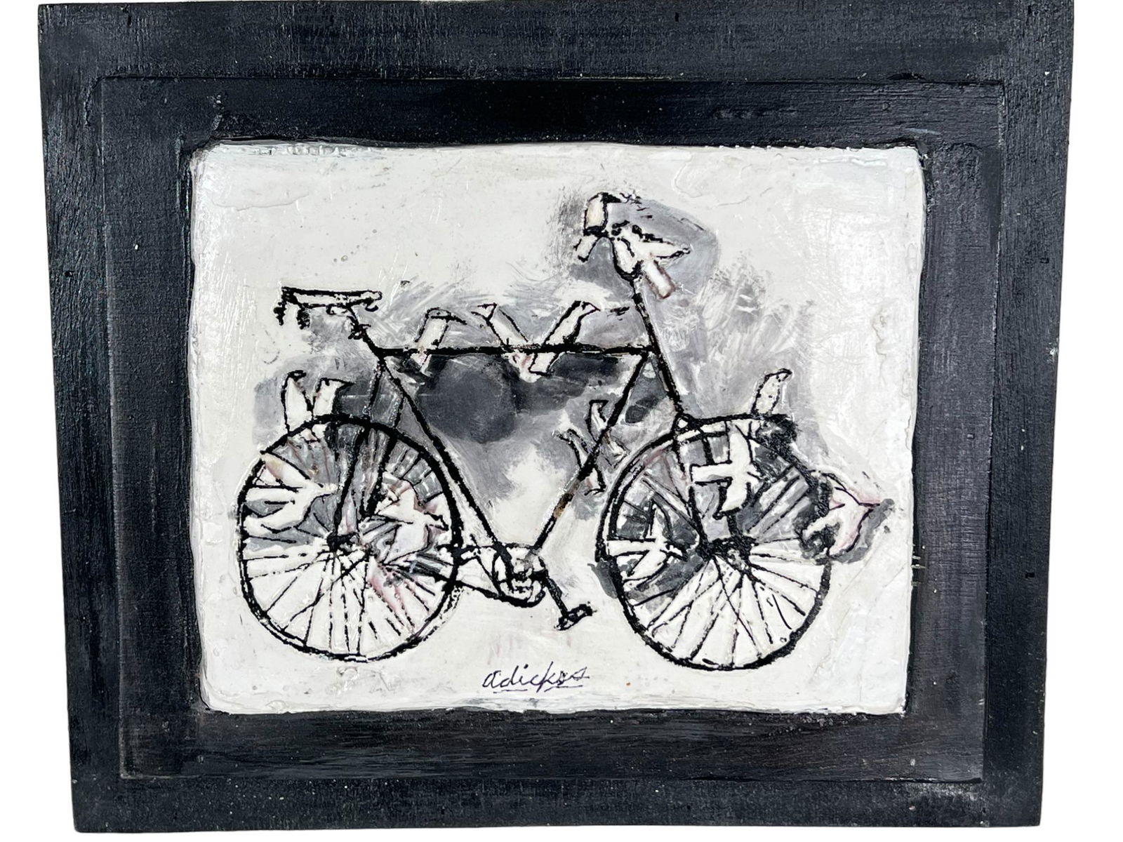 DAVID ADICKES BICYCLE CARVED & PAINTED ON PLASTER: DAVID ADICKES BICYCLE CARVED & PAINTED ON PLASTER. Height: 10 in. by Width: 12 in. by Depth: 2.25