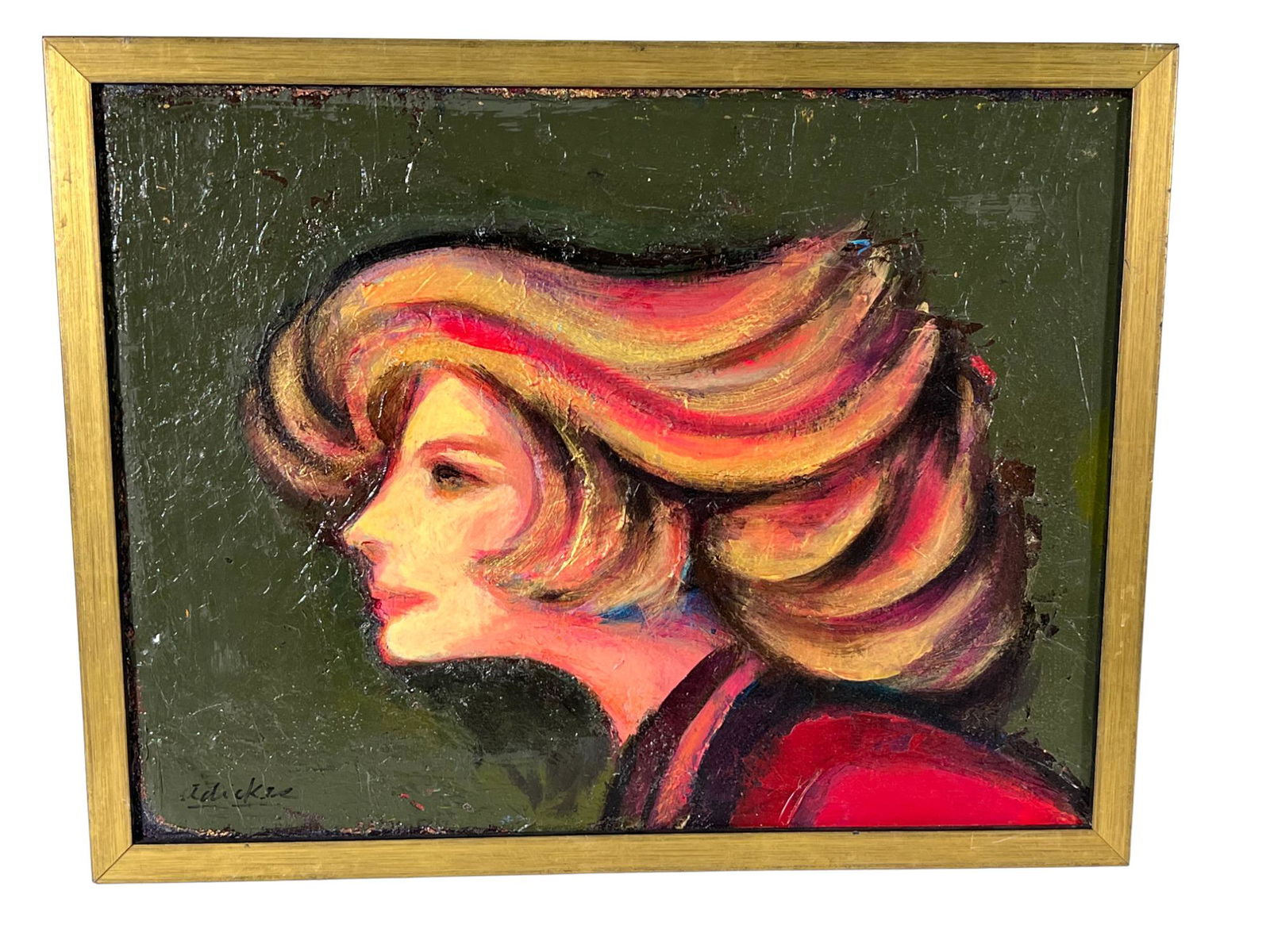 DAVID ADICKES FEMALE PORTRAIT ACRYLIC ON PANEL: DAVID ADICKES FEMALE PORTRAIT ACRYLIC ON PANEL PAINTING. Height: 15.5 in. by Width: 20 in. by Depth: 2 in.