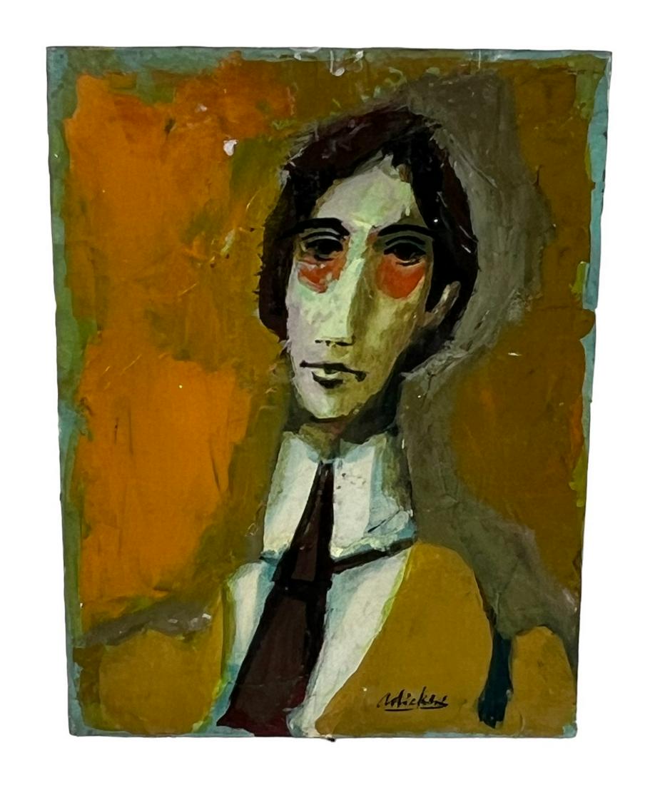 DAVID ADICKES "YOUNG MAN BROWN TIE" ACRYLIC: DAVID ADICKES "YOUNG MAN BROWN TIE" ACRYLIC ON BOARD. Height: 16 in. by Width: 12 in.