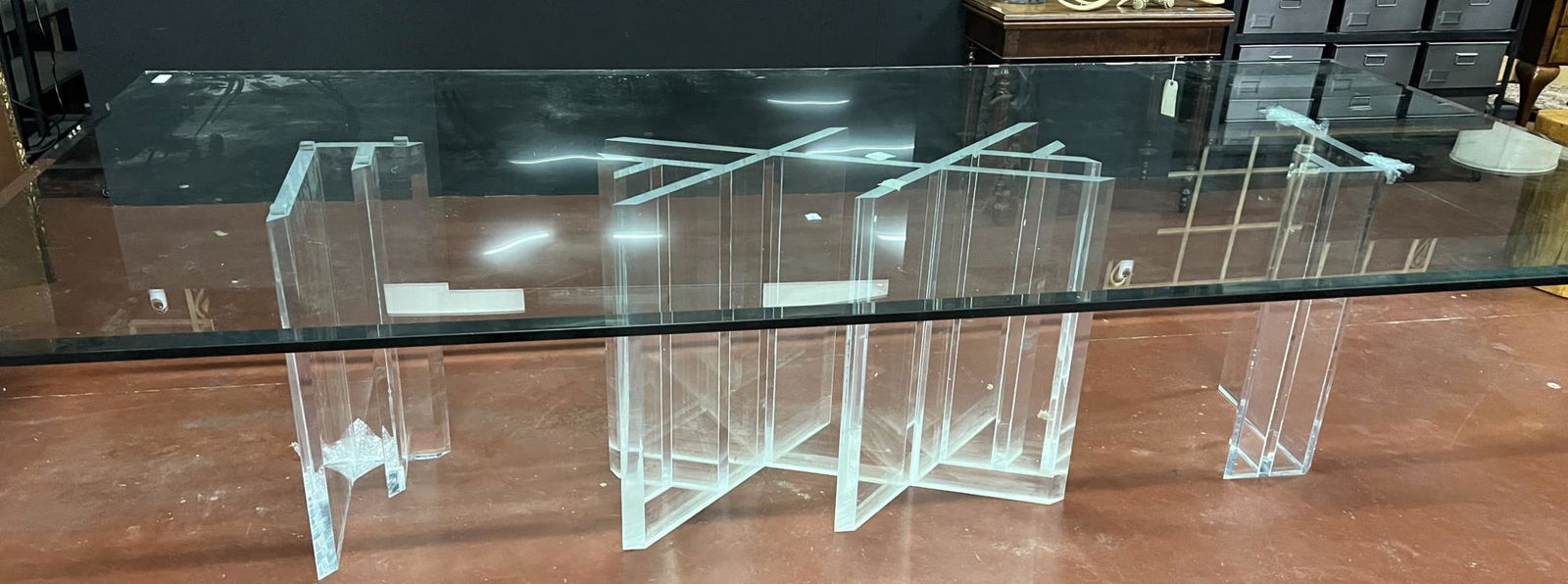 MONUMENTAL CONTEMPORARY GLASS DINING TABLE ON LUCITE BASE (1 of 4)