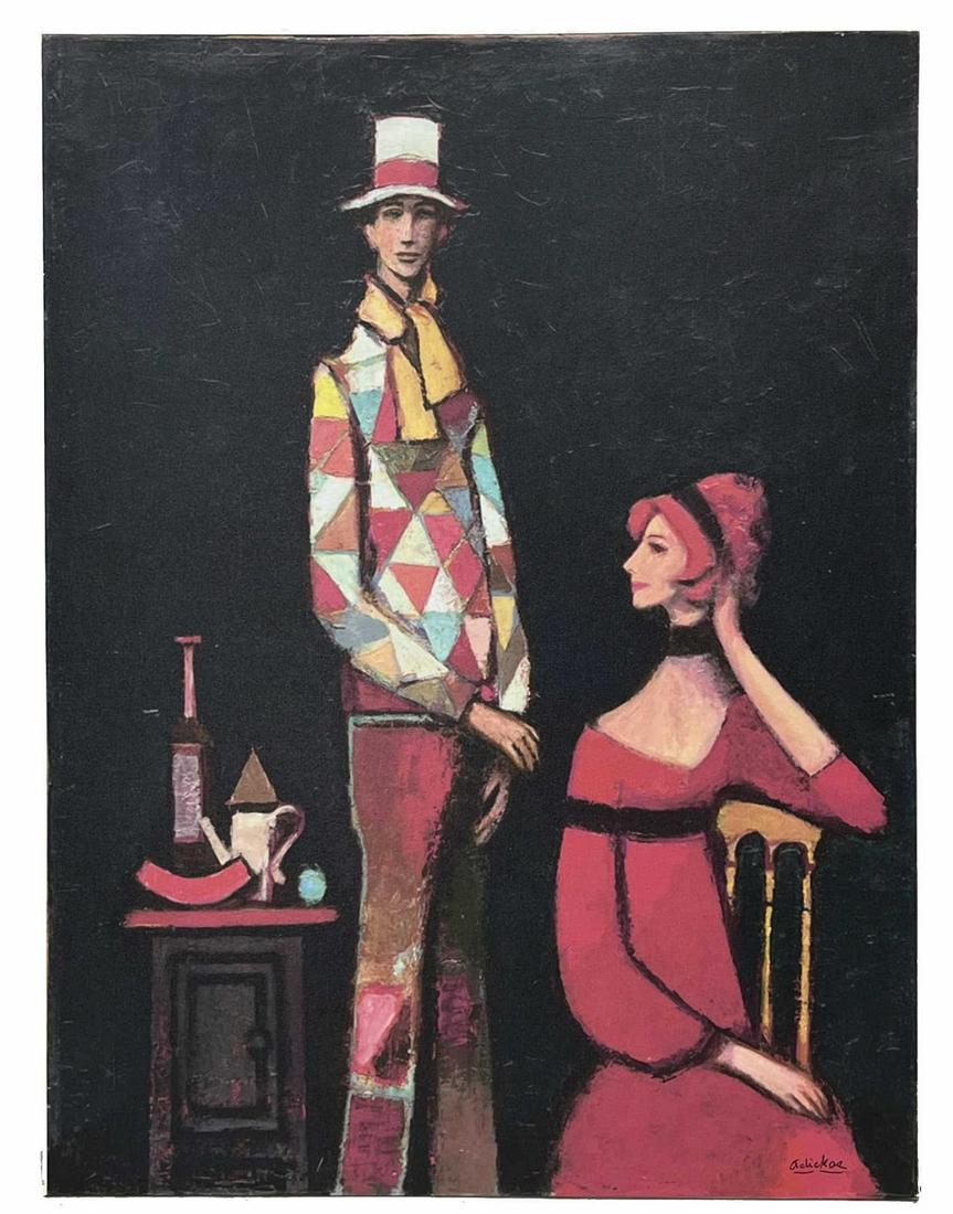 DAVID ADICKES COLORFUL COUPLE GICLEE ON PANEL: DAVID ADICKES COLORFUL COUPLE GICLEE ON PANEL PAINTING. Height: 40 in. by Width: 30 in.