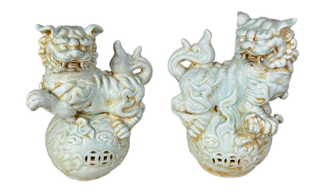 PAIR OF CELADON FOO DOGS: PAIR OF CELADON FOO DOGS. Height: 16.5 in. by Width: 12.5 in. by Depth: 12.5 in.
