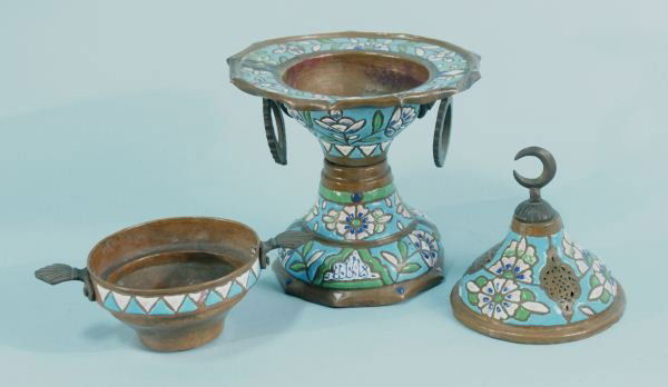 MIDDLE EASTERN ENAMELED LIDDED CENSOR: MIDDLE EASTERN ENAMELED LIDDED CENSOR. Height: 15 1/2 in. by Width: 9 in. by Depth: 9 in.