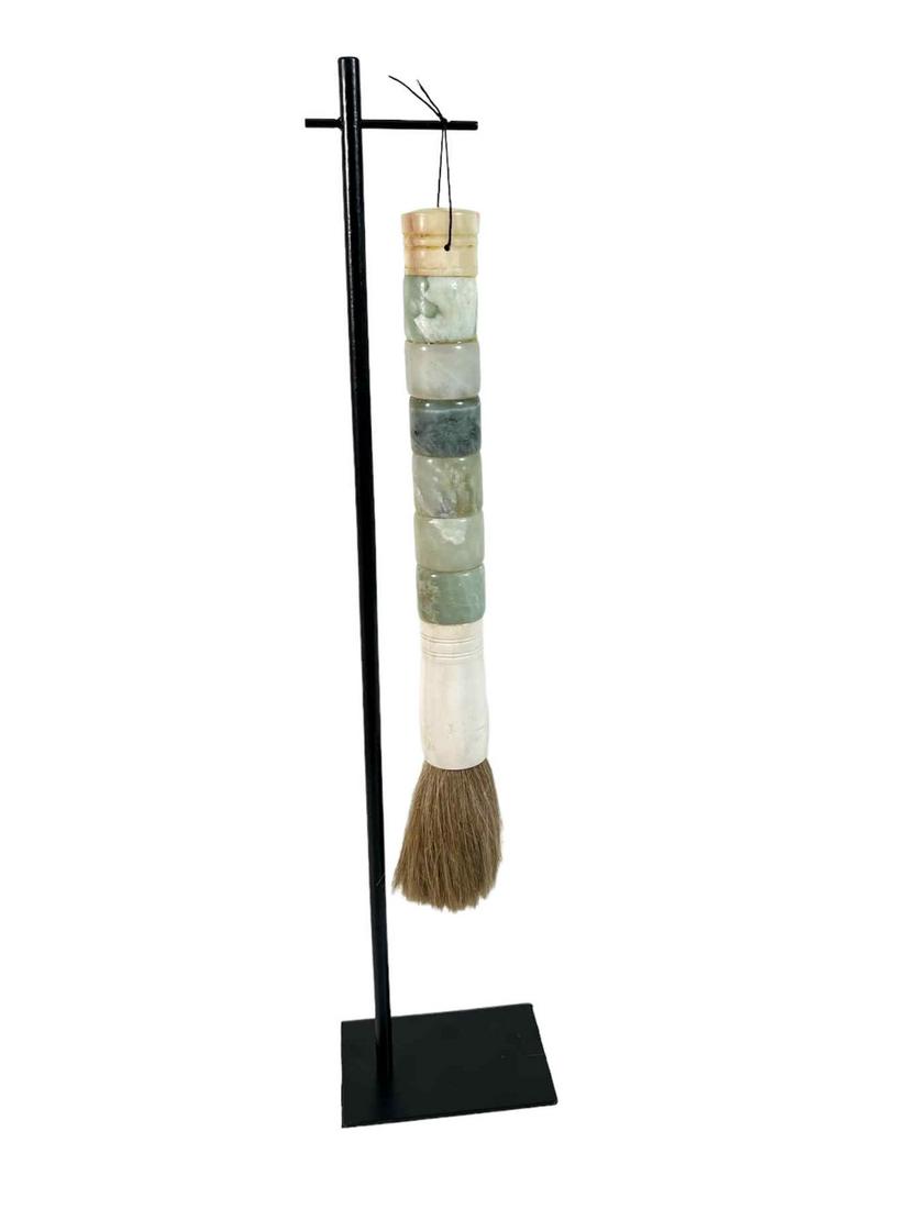 NEUTRAL GREEN JADE CALLIGRAPHY BRUSH: NEUTRAL GREEN JADE CALLIGRAPHY BRUSH. Height: 21 in. by Width: 3.5 in. by Depth: 5