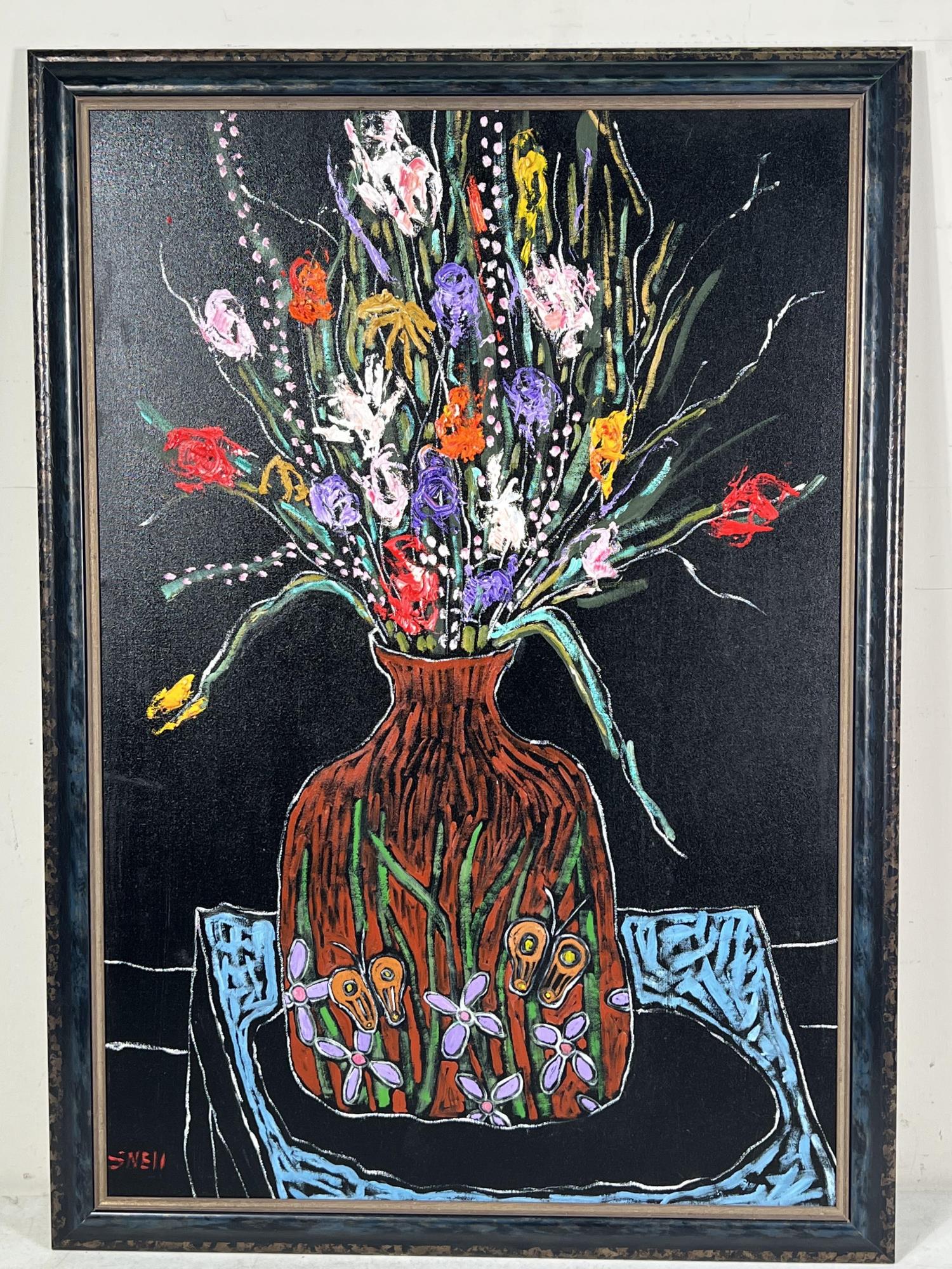 STILL LIFE BY DON SNELL: DON SNELL STILL LIFE WITH FLOWERS OIL ON CANVAS PAINTING. Height: 40 in. by Width: 28 in.