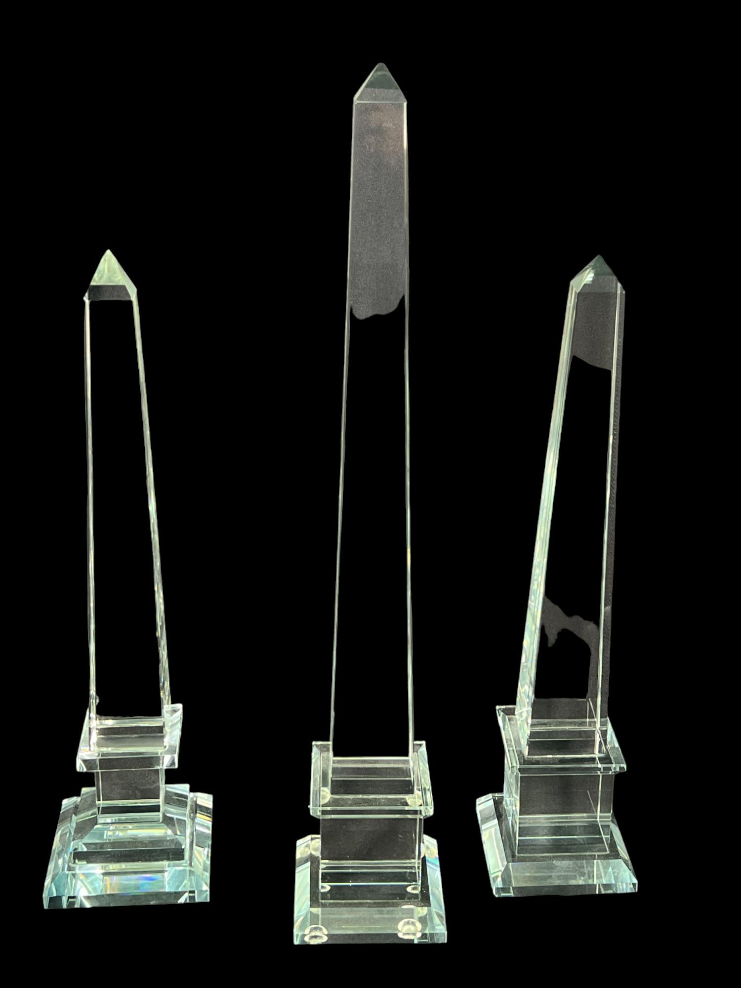 3 GLASS-CRYSTAL OBELISKS: 3 GLASS-CRYSTAL OBELISKS Height: 20 in. by Width: 4 in. by Depth: 4