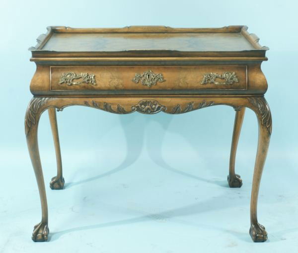 ANTIQUE WALNUT CHIPPENDALE STYLE TEA TABLE: ANTIQUE WALNUT CHIPPENDALE STYLE TEA TABLE WITH CANDLE SLIDES AND ONE DRAWER. Height: 27 3/4 in. by Width: 32 in. by Depth: 20 1/4 in.