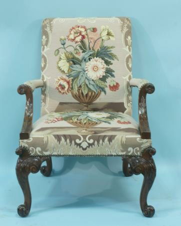 MAITLAND-SMITH GEORGIAN STYLE MAHOGANY ARMCHAIR: MAITLAND-SMITH GEORGIAN STYLE CARVED MAHOGANY ARMCHAIR WITH CUSTOM NEEDLEPOINT UPHOLSTERY. Height: 41 in. by Width: 30 in. by Depth: 30 in.