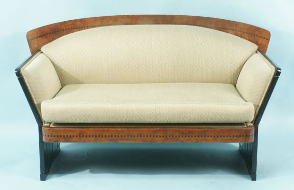 ROCHE BOBOIS ART DECO EBONY & CHESTNUT LOVESEAT: ROCHE BOBOIS ART DECO STYLE EBONY AND BURLED CHESTNUT LOVESEAT. Height: 32 in. by Width: 60 in. by Depth: 25 1/2 in.