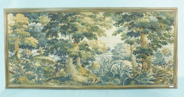 AUBUSSON STYLE VERDUE TAPESTRY: AUBUSSON STYLE VERDUE TAPESTRY. Height: 54 3/4 and 48 in. by Width: 114 and 107 1/2 in. by Depth: 2 1/4 in.