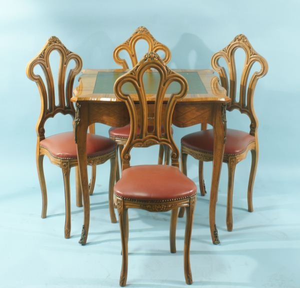 FRENCH VINTAGE GAME TABLE & FOUR CHAIRS: FRENCH VINTAGE GAME TABLE AND FOUR CHAIRS. FROM THE ESTATE OF ROSALIND RUSSELL. Height: 38,30 in. by Width: 14,30 in. by Depth: 13,30 in.