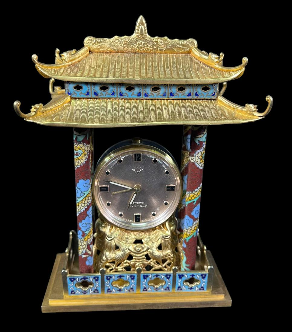CHINESE CLOISONNE & GILDED 15 JEWEL MANTEL CLOCK (1 of 5)