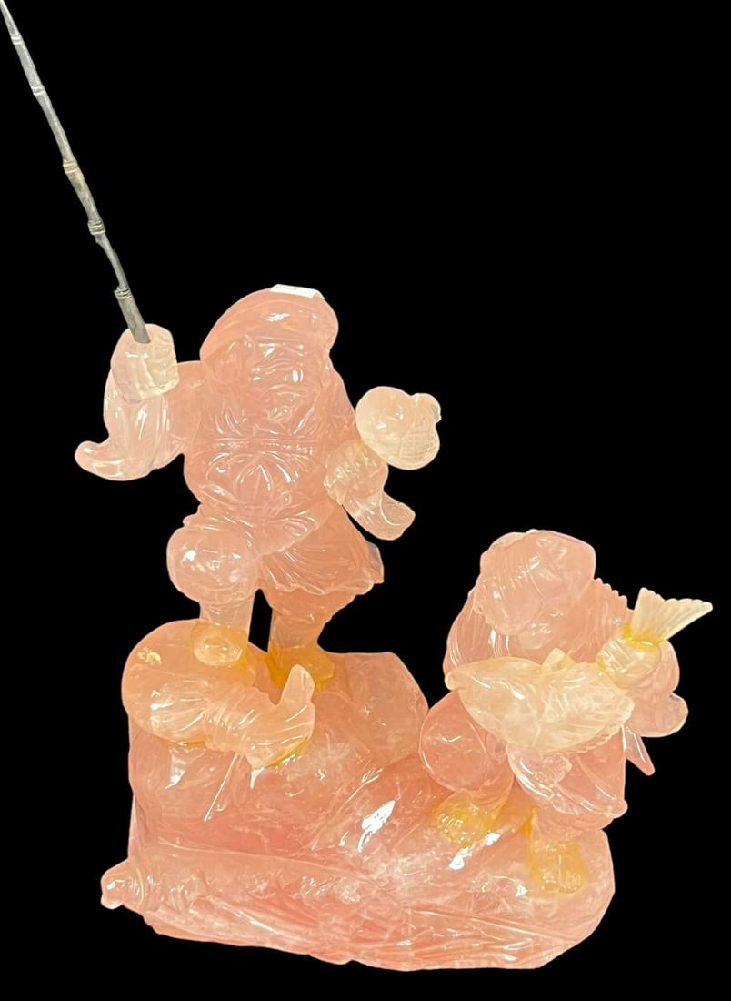 PINK ROSE QUARTZ CHINESE WARRIOR AND FISHERMAN: PINK ROSE QUARTZ CHINESE WARRIOR AND FISHERMAN. Has restoration. Height: 11.5 in. by Width: 6.5 in. by Depth: 3.25