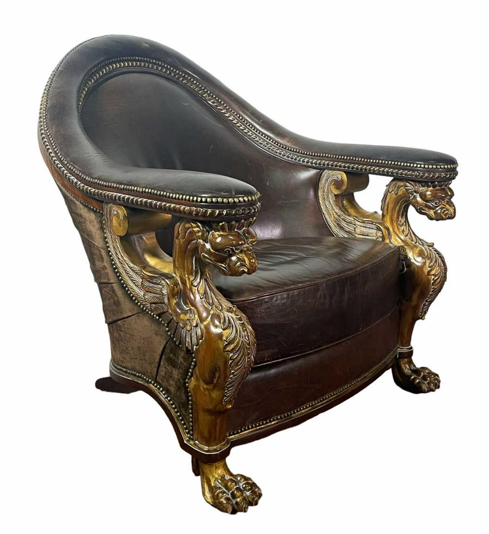 LOUNGE LEATHER CHAIR WITH CARVED LION HEADS: LOUNGE LEATHER CHAIR WITH CARVED LION HEADS. SEAT HIGHT 17. Height: 38 in. by Width: 36 in. by Depth: 39 in.
