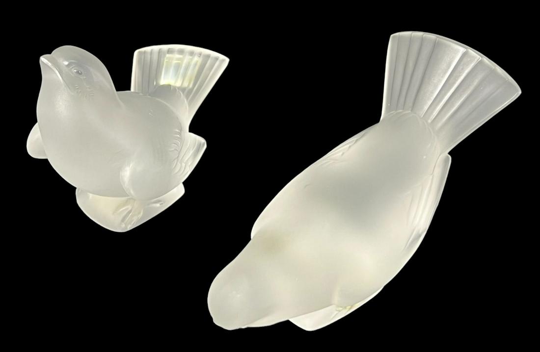 TWO LALIQUE CRYSTAL SPARROW FIGURINES: TWO LALIQUE CRYSTAL SPARROW FIGURINES. Height: 4 in. by Width: 5 in. by Depth: 3