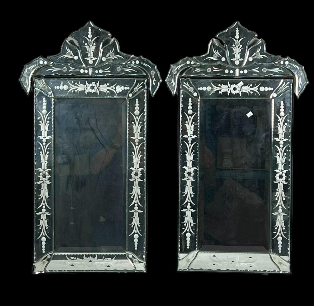 PAIR OF CUT GLASS VENETIAN MIRRORS: PAIR OF CUT GLASS VENETIAN MIRRORS Height: 30.25 in. by Width: 17.25 in. by Depth: 1.5 in.