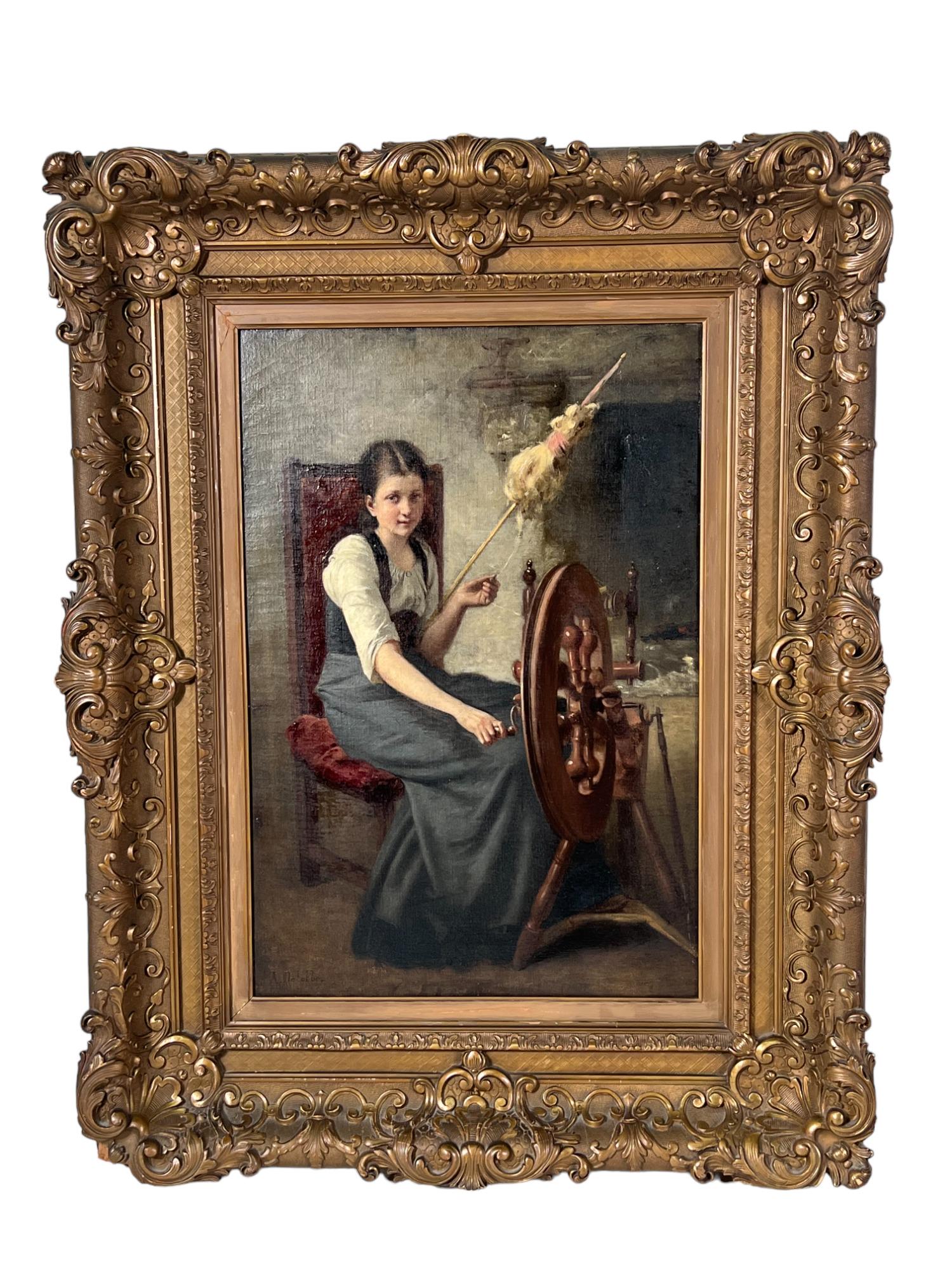 19th CENTURY MAIDEN SPINNING YARN OIL ON PANEL (1 of 6)