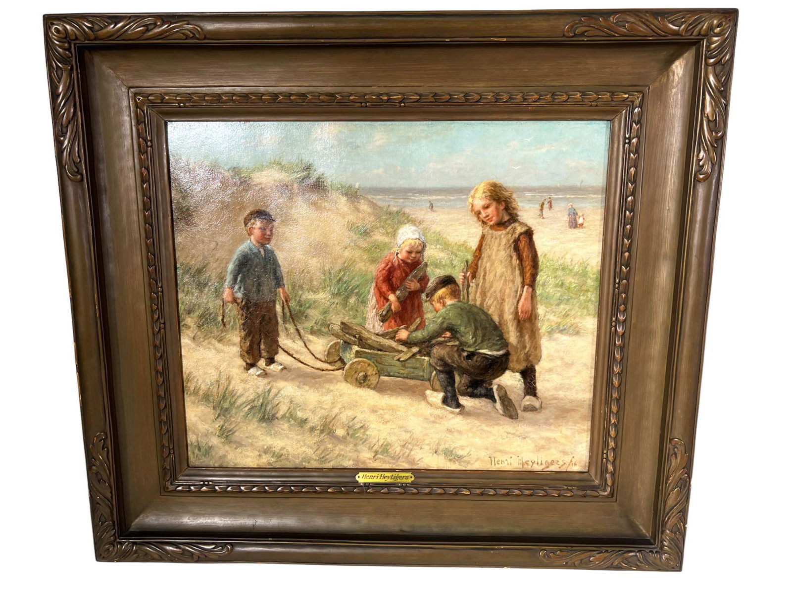 OIL ON CANVAS CHILDREN ON BEACH BY HENRI HEYTIGERS (1 of 5)