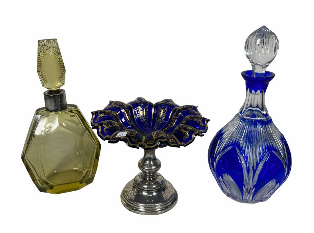 3 PCS, COBALT DECANTER AND COMPOTE & CARAFE: 3 PCS, COBALT DECANTER AND COMPOTE & ART DECO CZECHOSLOVAKIAN CARAFE, POSSIBLY MOSER Height: 12.5 in. by Width: 8 in. by Depth: 8