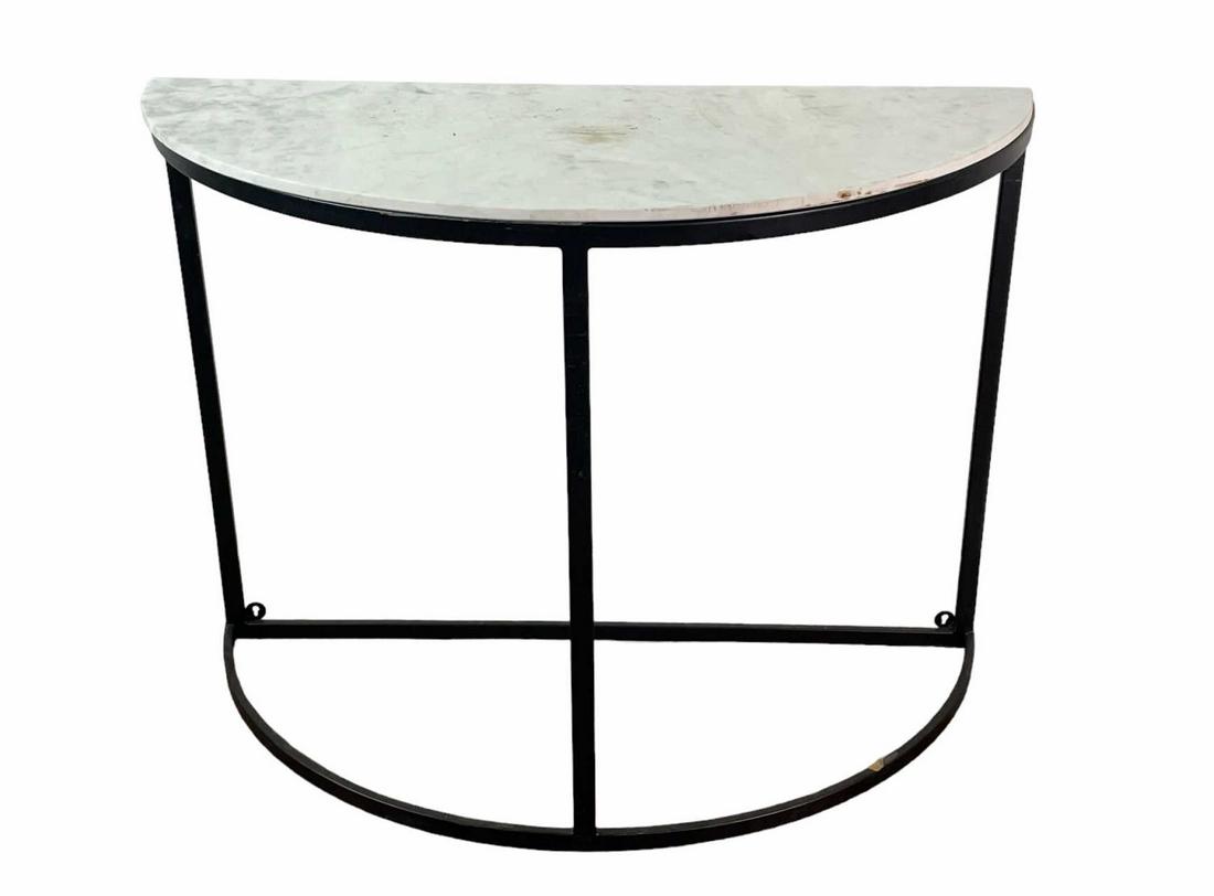 MARBLE AND METAL DEMILUNE: MARBLE AND METAL DEMILUNE. Height: 30 in. by Width: 39.5 in. by Depth: 16.5 in.