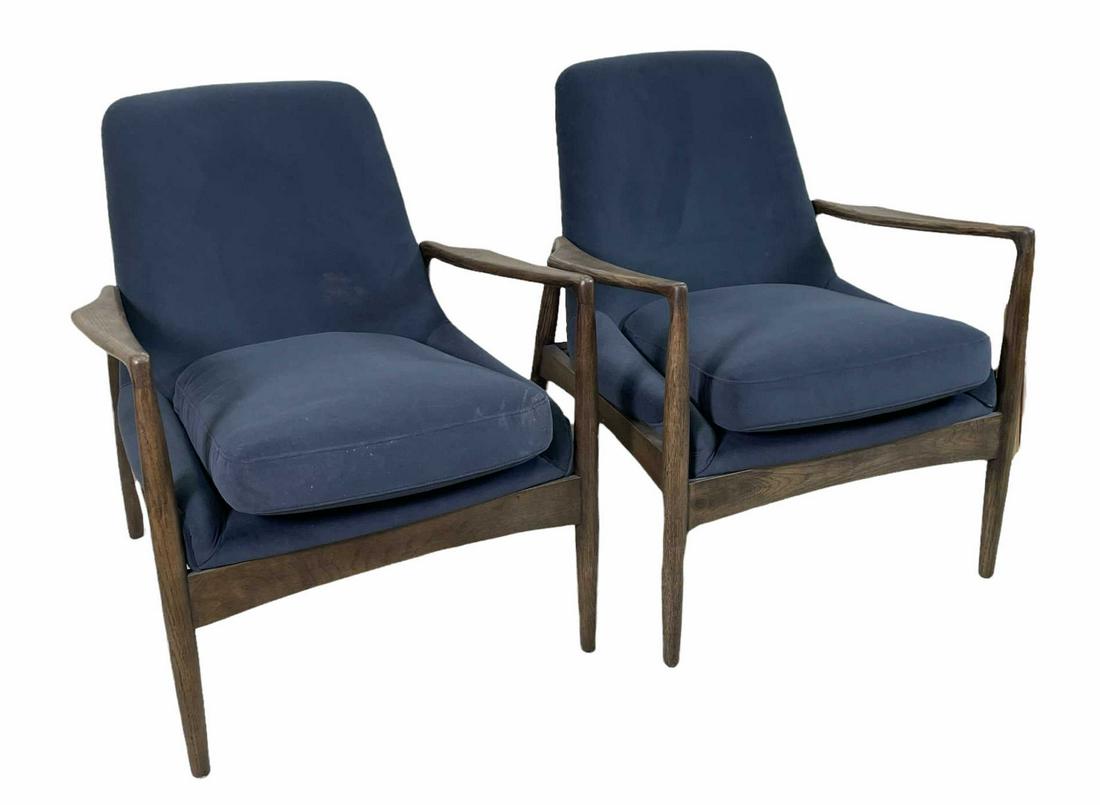 PAIR OF SCANDANAVIAN STYLE BLUE VELVET CHAIRS: PAIR OF SCANDANAVIAN STYLE BLUE VELVET CHAIRS. Height: 33 in. by Width: 27 in. by Depth: 28 IN.
