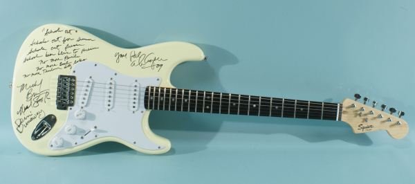 FENDER "SQUIER" AUTOGRAPHED GUITAR: FENDER "SQUIER" CREME ELECTRIC GUITAR AUTHOGRAPHED AND WITH LYRICS FOR "SCHOOLS OUT", ALICE COOPER BAND.