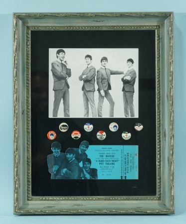 BEATLES PINS PHOTO AND HARD DAYS NIGHT TICKET: BEATLES PINS PHOTO AND HARD DAYS NIGHT TICKET