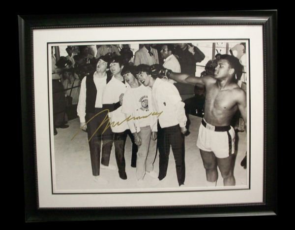 PHOTO OF THE BEATLES AND MUHAMED ALI, SIGNED BY MU: PHOTO OF THE BEATLES AND MUHAMED ALI, SIGNED BY MUHAMED.