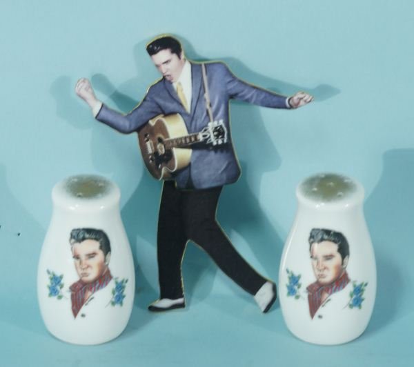 ELVIS SALT & PEPPER SHAKERS, ELVIS FIGURE: PORCELAIN ELVIS SALT AND PEPPER SHAKERS AND ELVIS KING OF ROCK-N-ROLL MOVEABLE FIGURE.