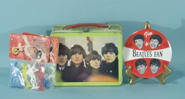 BEATLES LUNCH BOX WITH PLASTIC FIGURES AND A BEATL: BEATLES LUNCH BOX WITH PLASTIC FIGURES AND A BEATLES PIN INSIDE
