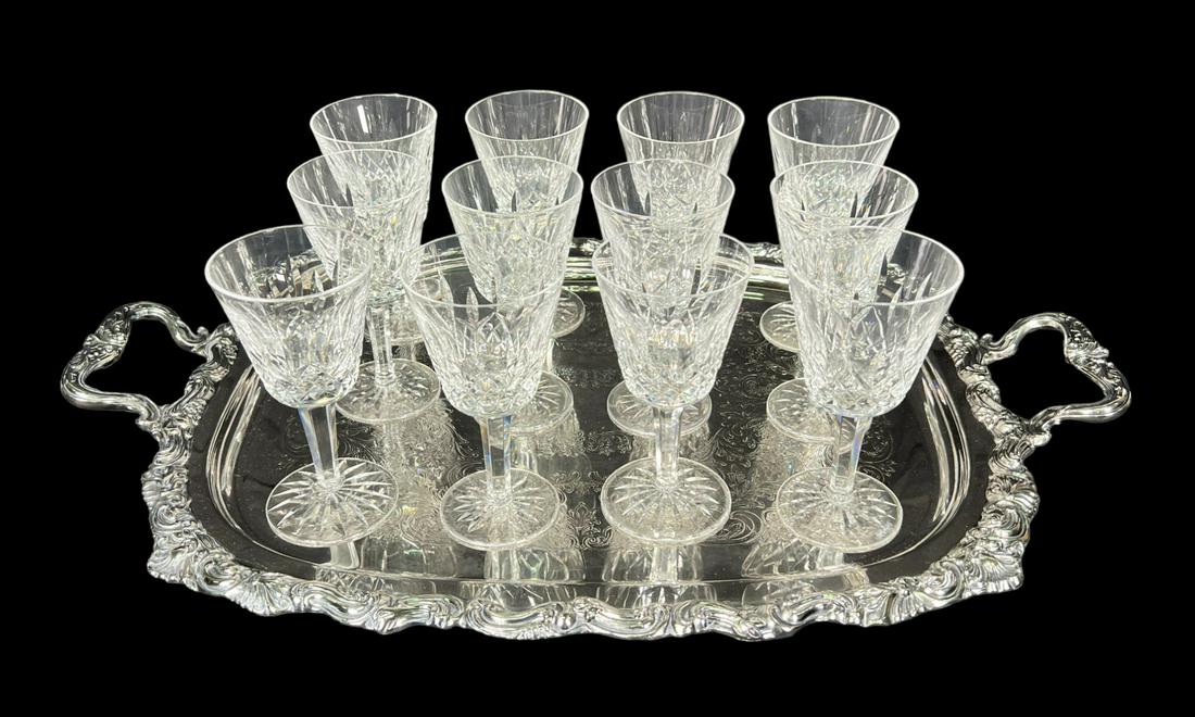 LOT OF TWEVLE WATERFORD LISMORE WINE GOBLETS/TRAY: LOT OF TWEVLE WATERFORD LISMORE WINE GOBLETS & RECTANGULAR SILVER PLATED SERVING TRAY. Height: 5.75 in. by Width: 24 in. by Depth: 15.5
