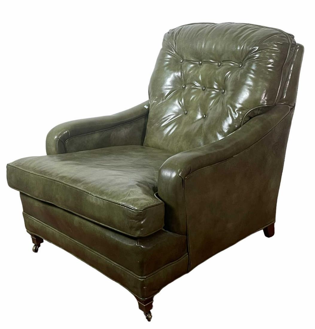 VTG GREEN LEATHER LOUNGE CHAIR BY LEATHER CENTER: VTG GREEN LEATHER LOUNGE CHAIR BY LEATHER CENTER Height: 33 in. by Width: 31 in. by Depth: 36